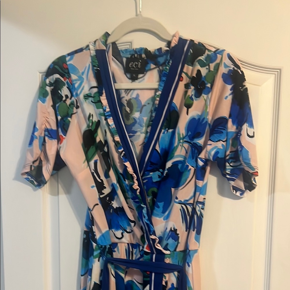 ECI Blue Wrap Ruffled Sundress for Wedding Guests
